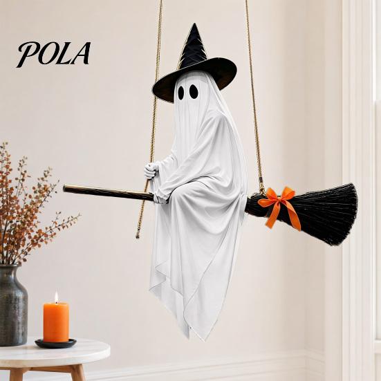 Creative Halloween Welcome Decoration Hanging Ghost with Witch Hat and Broom, Spooky Flying Outdoor Porch Decor Ornament for Haunted House Tree Yard,