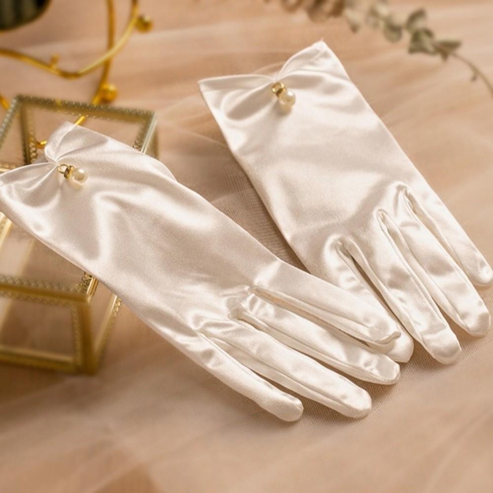 Pearl Decorative White Satin Bridal Gloves Solid Color Women Silk Gloves  Ladies