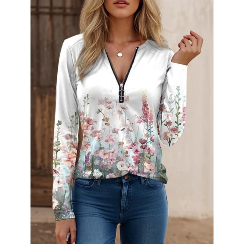 Women's Clothing Spring Autumn New Fashion Street Trendsetters Loose Type Printed Zipper Plus Size Cotton Long Sleeved T-shirt