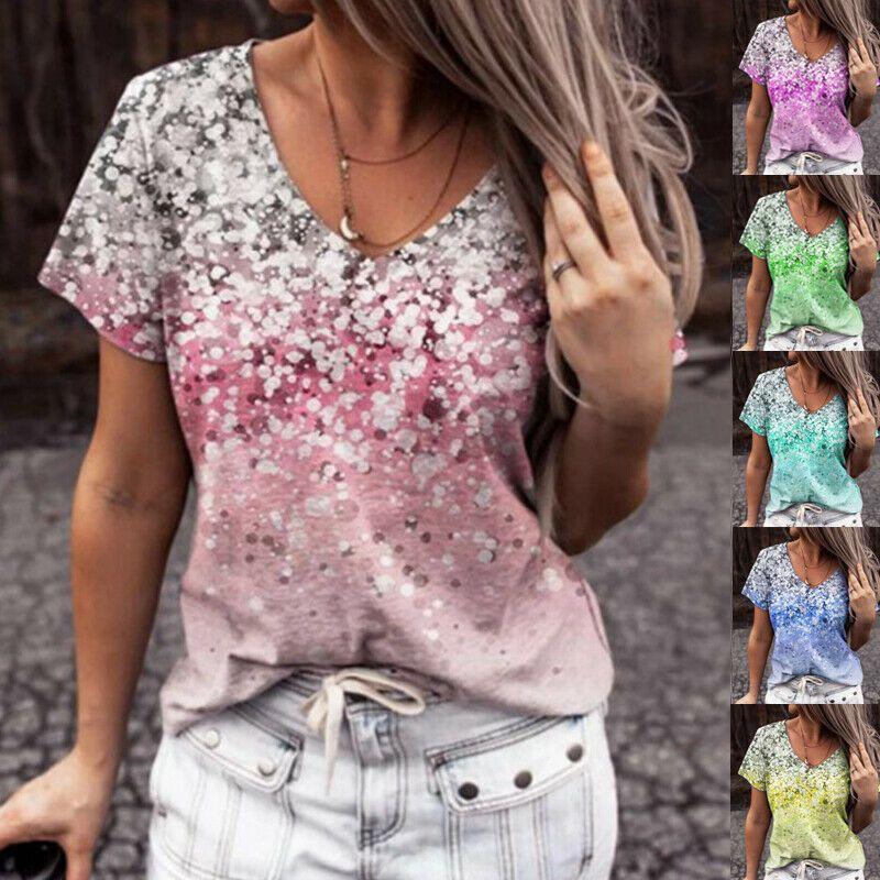Elegant Womens V-neck Short Sleeve Floral Print Tops T-shirt For Casual Wear