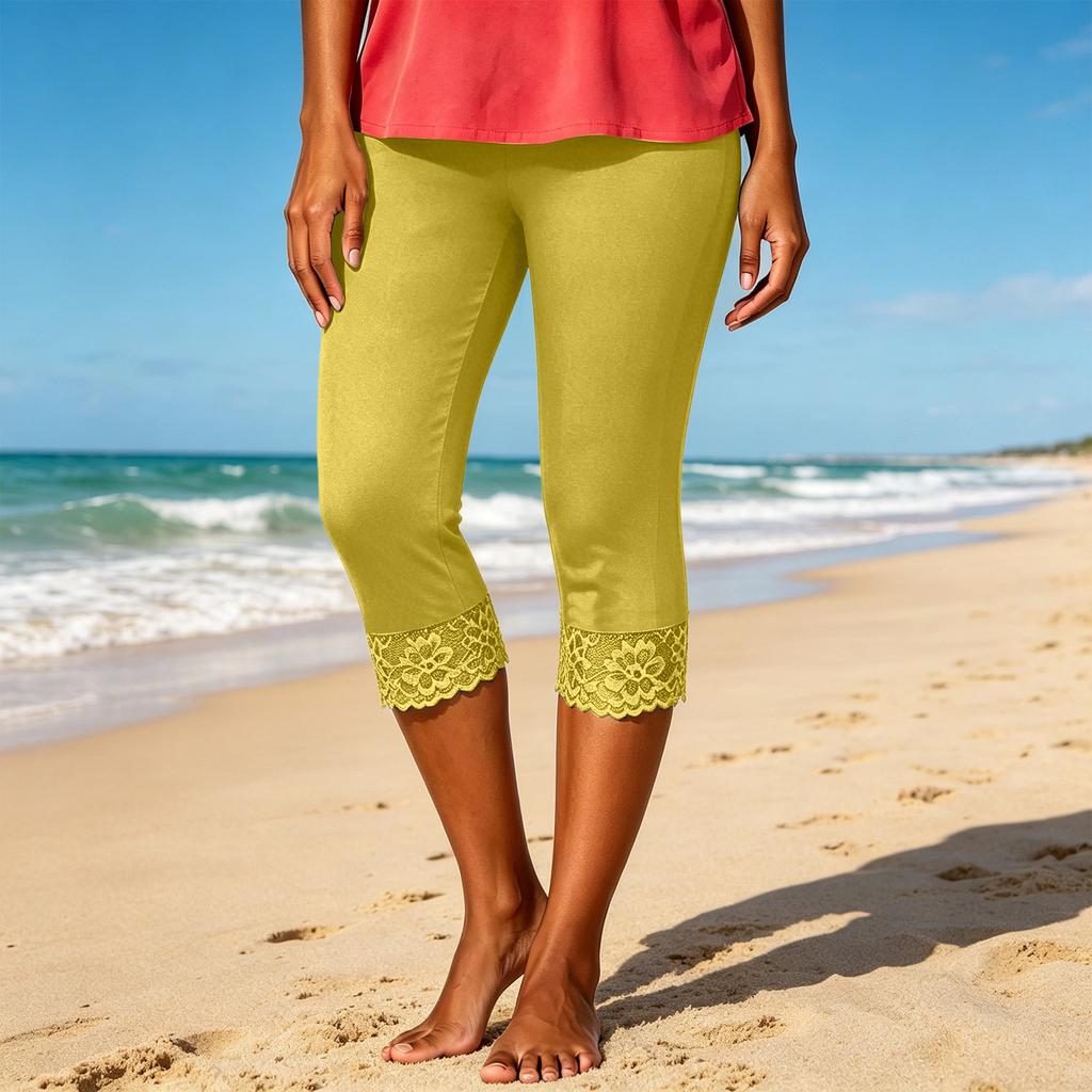 Damen Mode Einfarbig Elastische Taille Caprihose Schmal Geschnitten Spitze Besatz Leggings Freizeit Sporthose