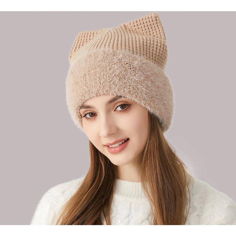 Girls' Cute Cat's Ears (Steamed Cat-ear Shaped Bread) In Winter Thickened Ear Protection Knitted Hat Versatile Solid Wool Hat