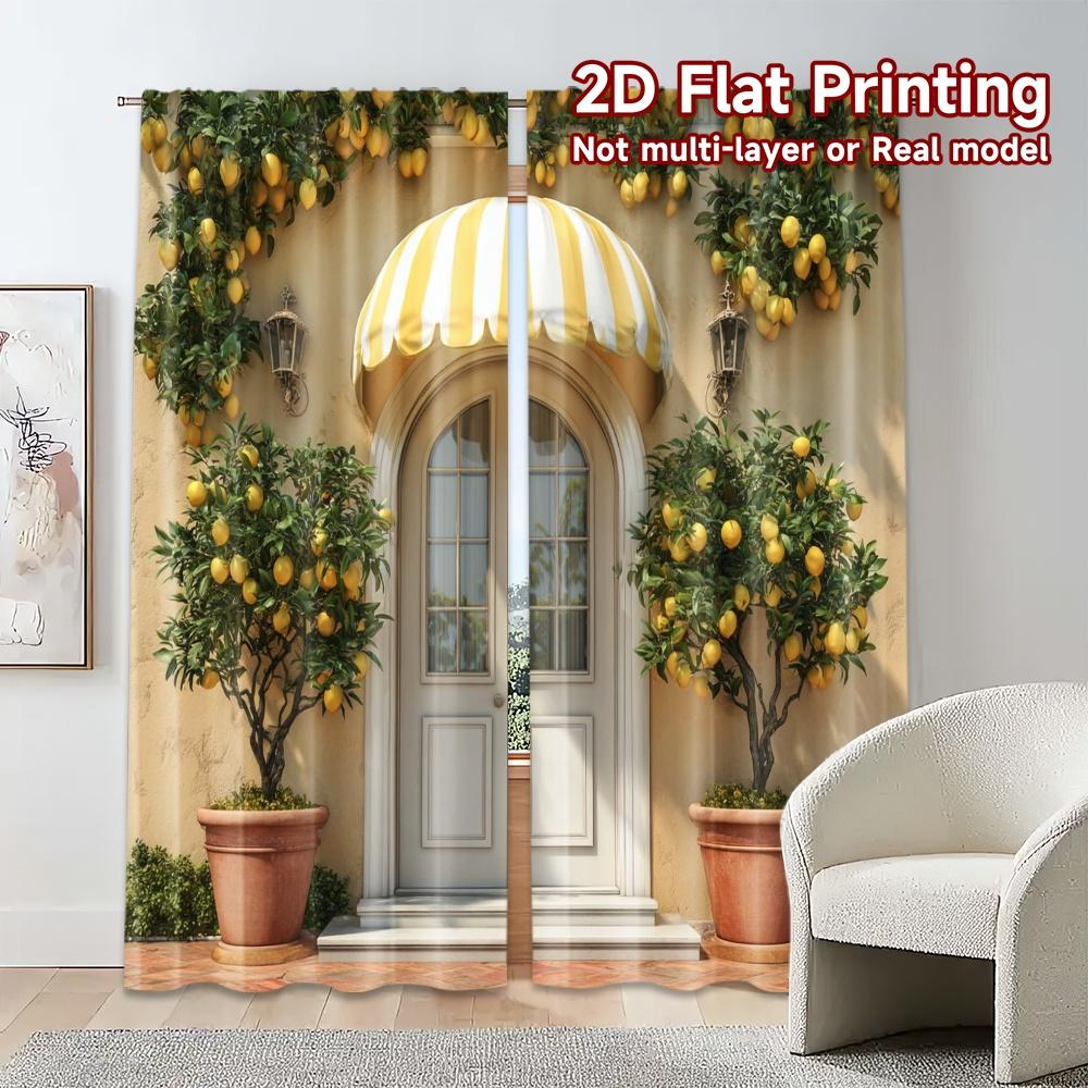 Modern Flat Printing Curtains Without Rod Lemonarchway Drapes Semi Versatile All Suitable Light Filtering Set Of 2 Made Polyester
