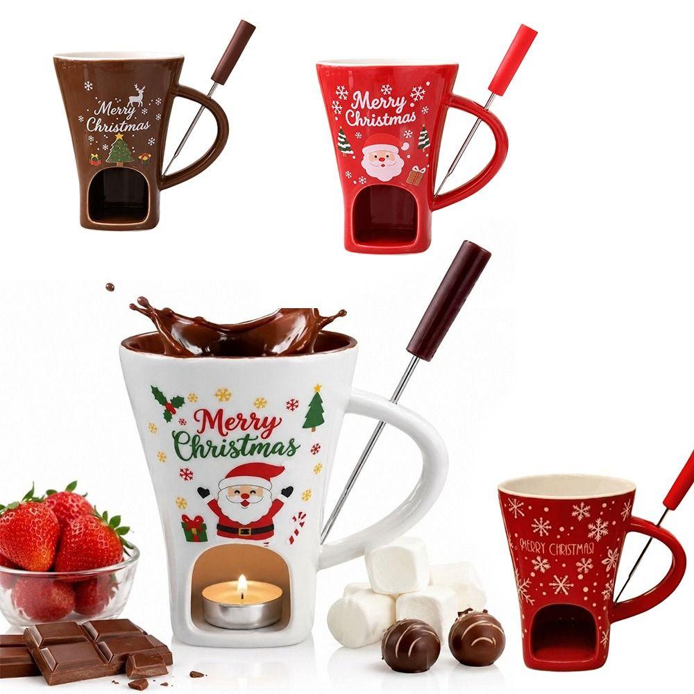 Taza de Cerámica para Derretir Chocolate con Tenedor Calentador de Velas de Cerámica Utensilios para Beber