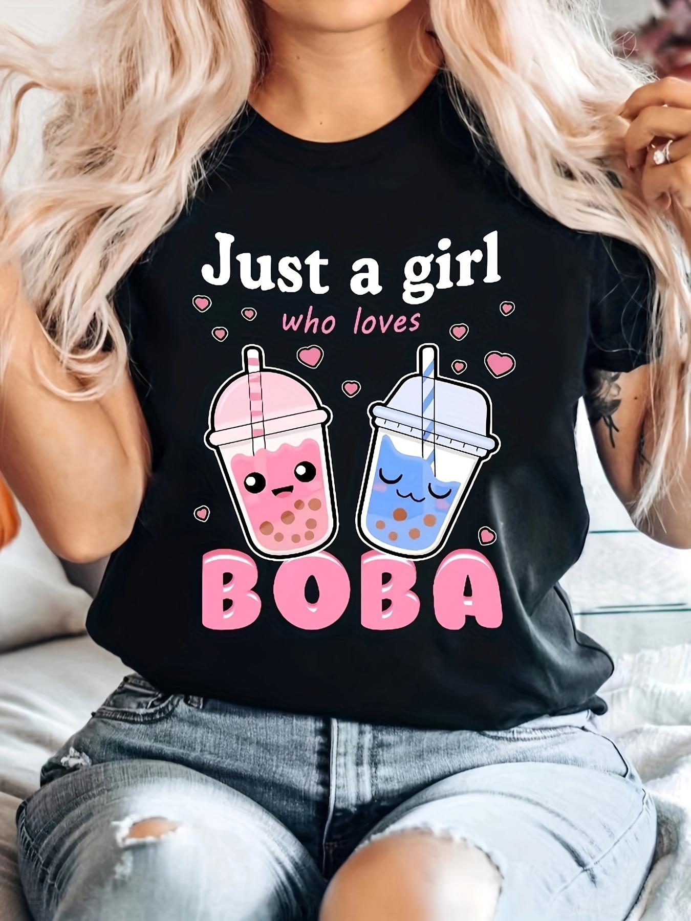 

Boba Tea Print Casual Tee Womens Short Sleeve Activewear Tee with Slight Stretch Shirt Tops Camisetas Mujer S