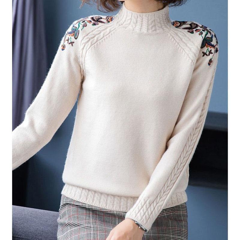 Bestickte Blumen Halber Stehkragen Pullover Damen Herbst Winter Dick Warm Gestrickter Pullover Slim Gerippt Weiche Oberteile