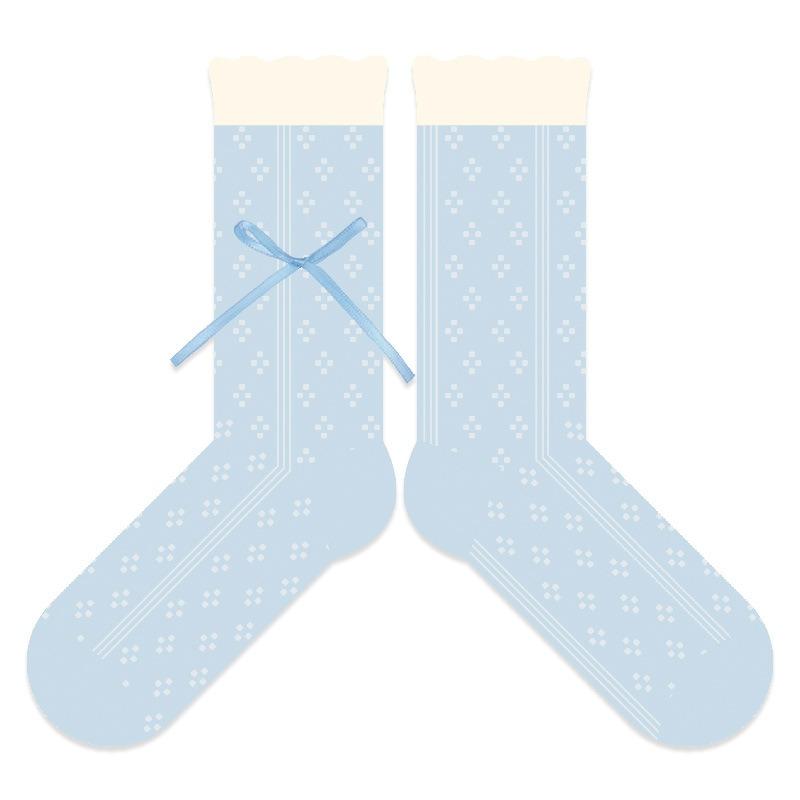 Thin Style Children's Socks - Summer Cotton, Sweet Bow, Bubble Yarn, Frilly Mid-calf Pile-up Socks
