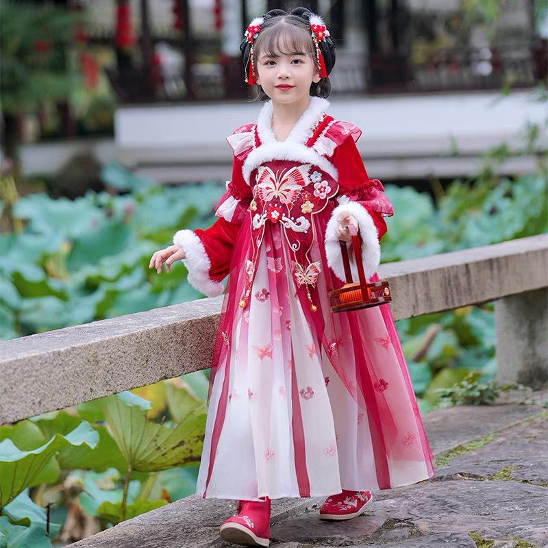 Dziewczęce zimowe Hanfu 2025: Aksamitna Spódnica Tang - Starochiński Styl dla Dzieci