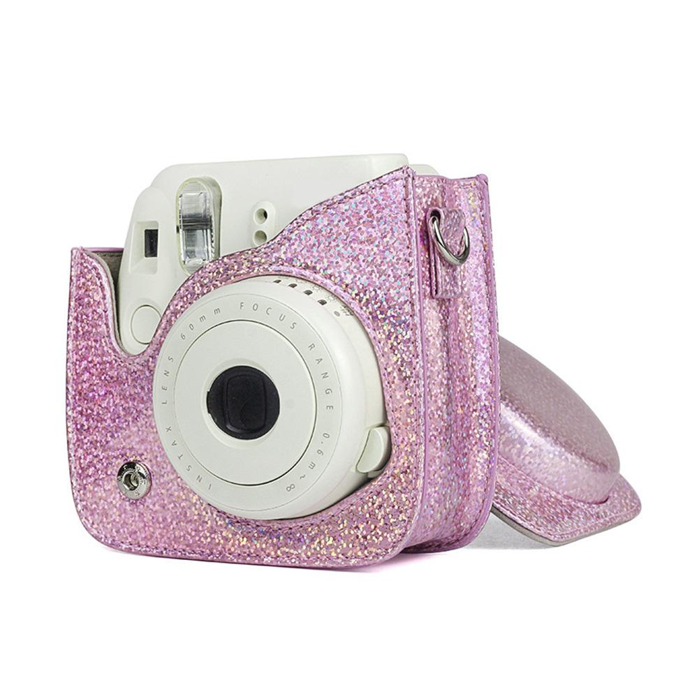 Sparkling Color Vintage PU Lther Camera Portable Bag Case  ive Pouch Cover with Shoulder Strap For     8/ 8+/ 9(Sparkling Pink )