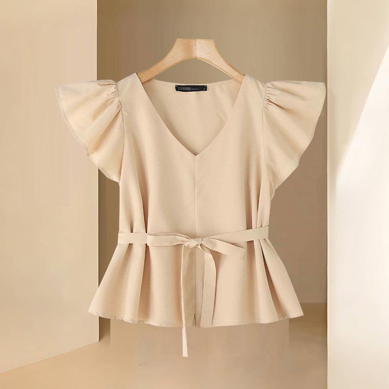 

ZANZEA Женская повседневная блузка с V-образным вырезом, коротким рукавом и свободного кроя для лета S бежевый