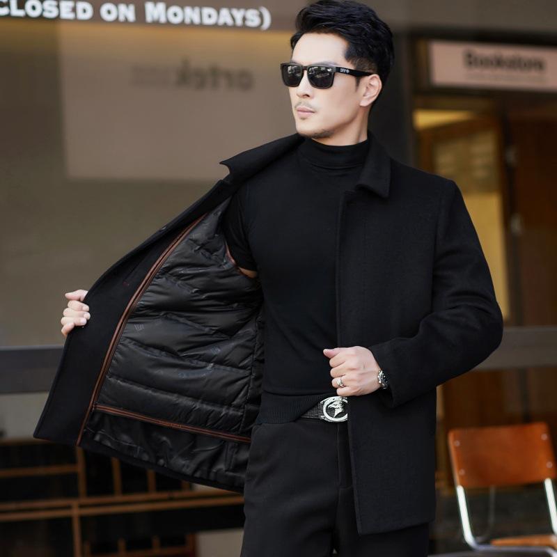 Mid-length Cashmere Coat Men's Business Lapel Down Liner Windbreaker Thickened Warm Winter Dad Woolen Coat
