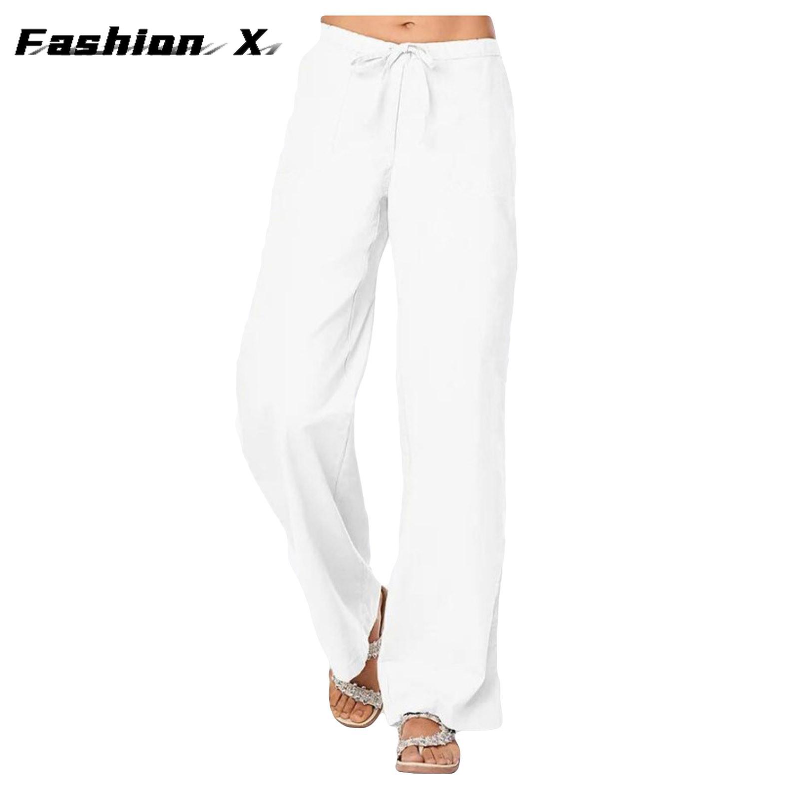 

Женские длинные льняные повседневные свободные широкие брюки большого размера с эластичной резинкой на талии женские S белый