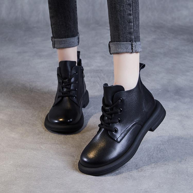 Johnature Botas de couro genuíno estilo britânico com cadarço e sola macia, botas curtas, sapatos femininos de cor sólida