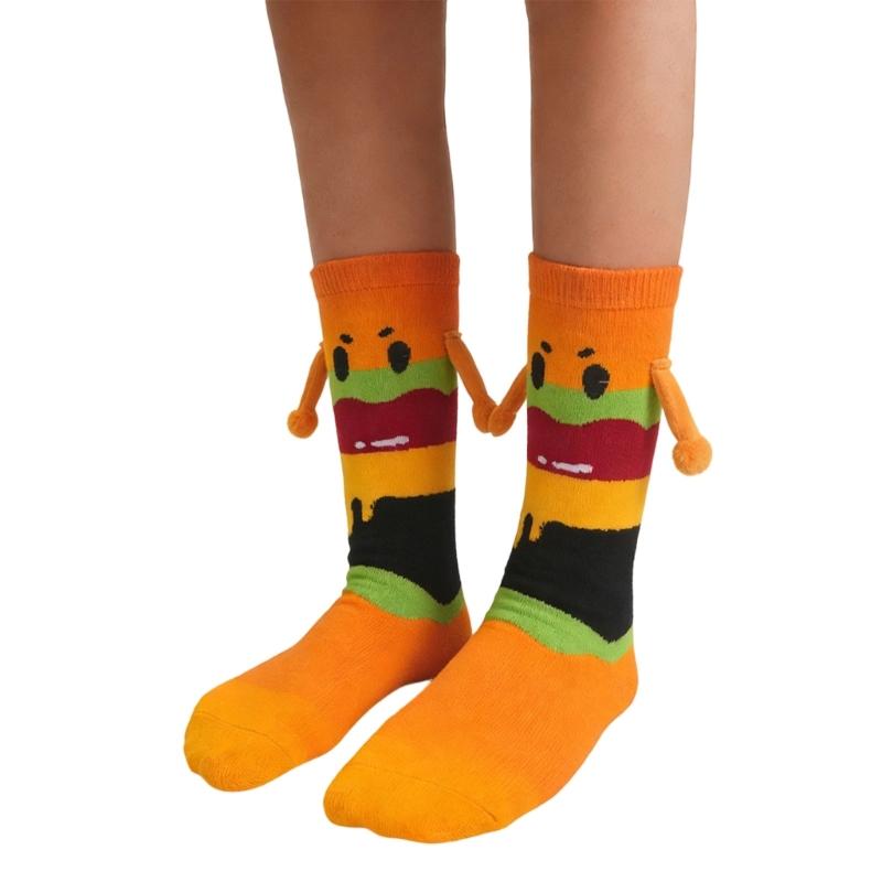 Magnetic Hand Holding Middle Calf Socks Funny Cartoon Food Themed Hamburger Hot Dogs Print Crazy Design Socks for Women