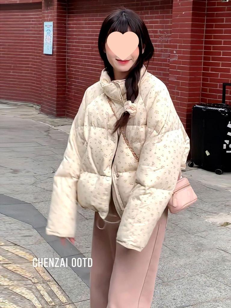 2025 Koreanischer Stil Florale Stehkragen Baumwolljacke: Frühling/Sommer, Warm, Gepolstert, Kurz, Verdickt