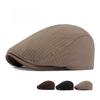 Japanese Style Pinstripe Flat Cap, PU Leather Brim Newsboy Hat, Vintage Casual Duckbill Beret for Men and Women