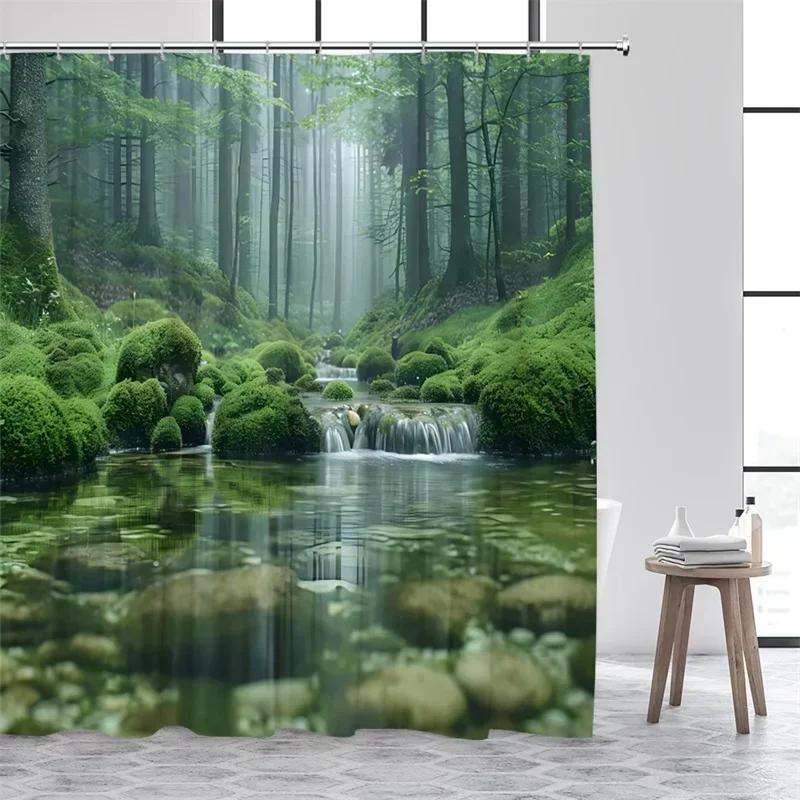 300x180CM Landscape Shower Curtains Green Plants Palm Tree Waterfall Forest Nature Scenery Home Bathroom Curtain Decor Set