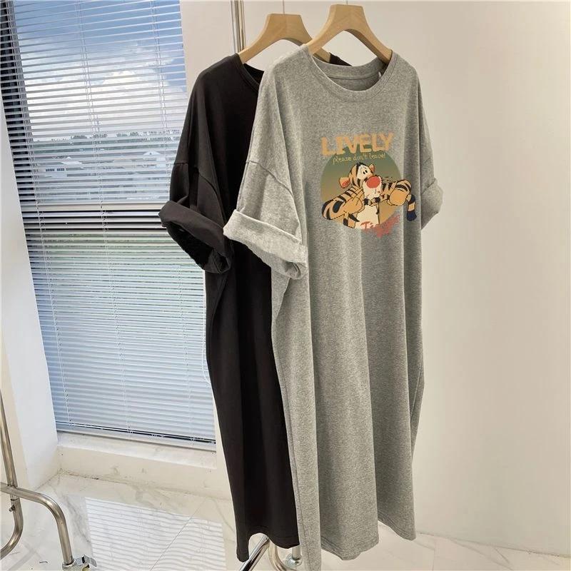 T-shirt Women Casual Large Size Loose Round Neck Pullover Short-sleeved Long Tops