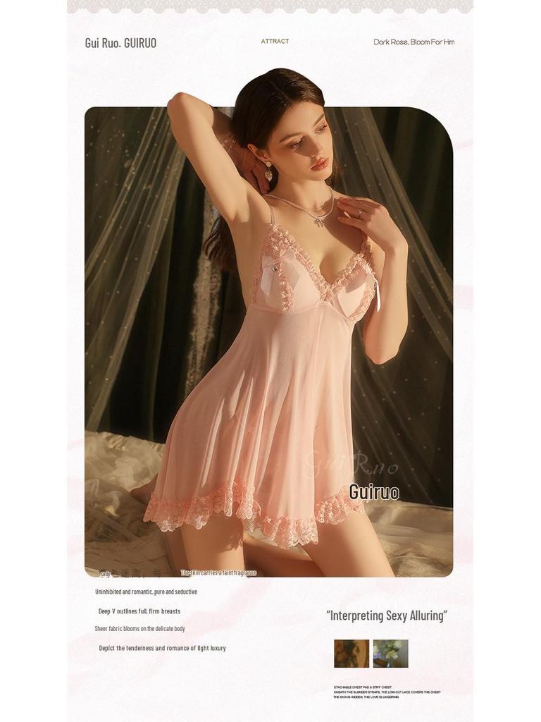 Rose Desire Lace Deep V Plus Size Dress Set with Bow and Removable Bra Pads (P5768)