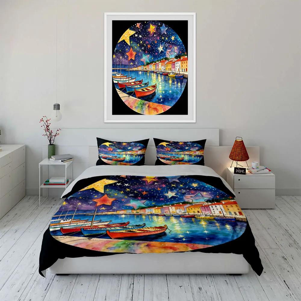 Starry Night Harbor Decoration Set Soft Comfortable Duvet Cover Bedding Set Included 1*Duvet Cover & 2*Pillowcases gift