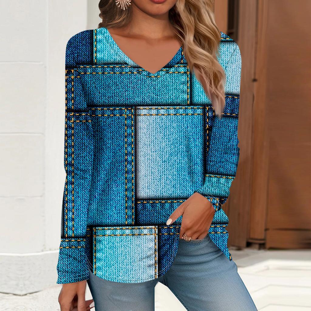 Women's T Shirt Retro Print Long Sleeve Daily Weekend Daily Basic V Neck Regular  Fall Winter Tops