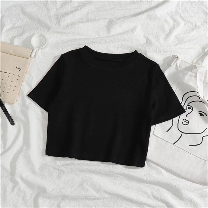 Women's Solid Color Crop Top - Slim Fit, Short-Sleeved, High Waist, Trendy Design.