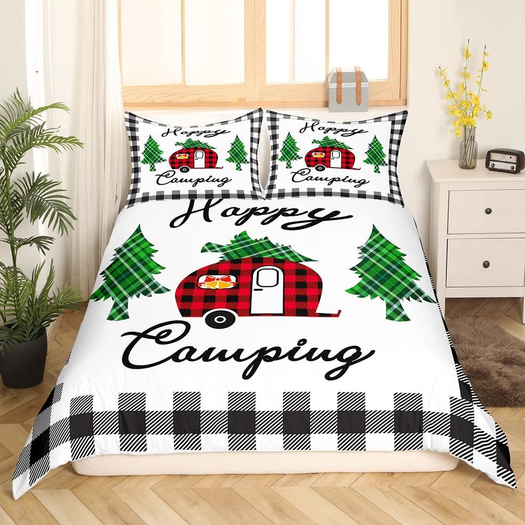 Camping Bedding Set Twin King Full Size For Teens Adult Duvet Cover Happy Camping Comforter Cover 3 Pieces With 2 Pillowcase