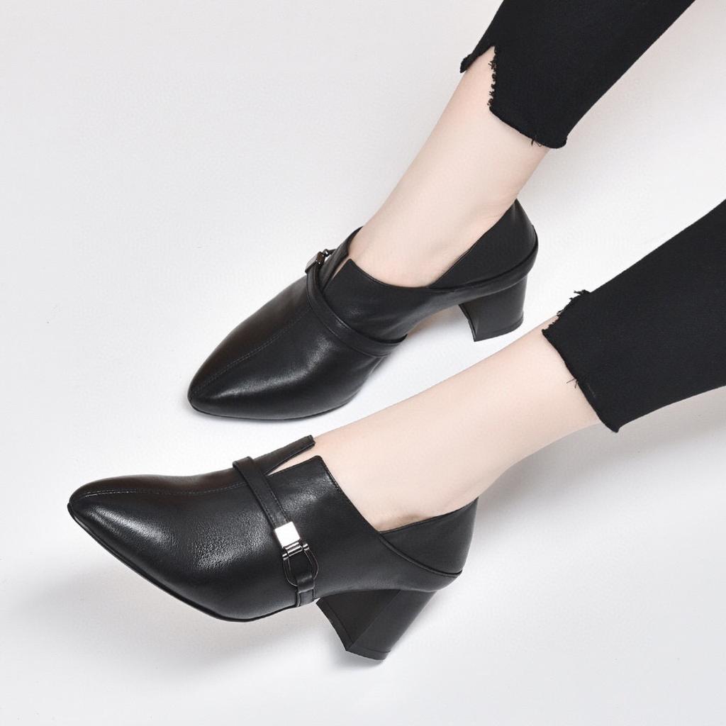 Fashion pointed single shoes 2025 spring new simple thick heel first layer cowhide one pedal two wear deep high heel women's shoes