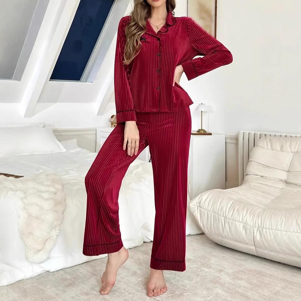 European and American cross-border pajamas bow lapel long-sleeved trousers casual women's loungewear two-piece set foreign trade