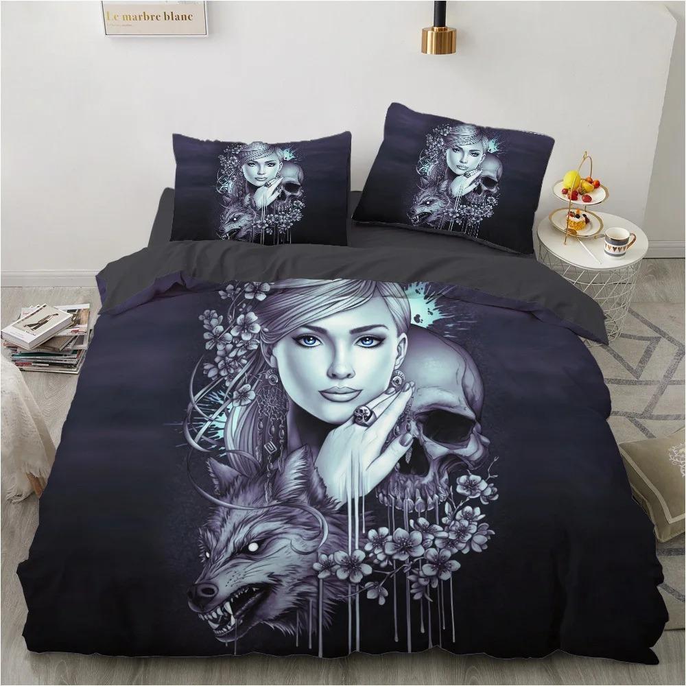 Skull Gothic Duvet Cover Set, Day of The Dead Sugar Skull Bedding, Soft Quilt Cover Pillowcases for Adults Teens