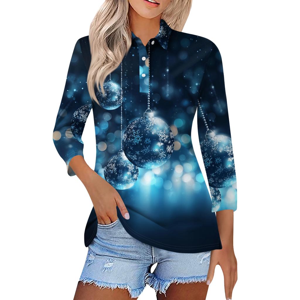 Mote dame casual revers kort 3/4 ermet juleprint skjorte dame knapp opp topper