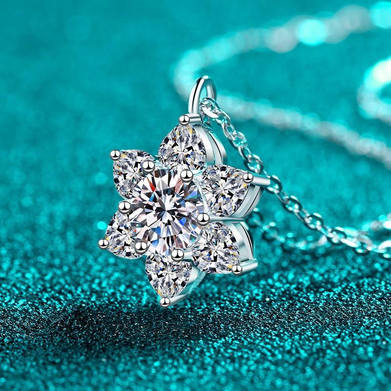 Sterling Snowflake Pendant Necklace Women Full Moissanite Floral Wave Design Delicate Layered Chain Lightweight