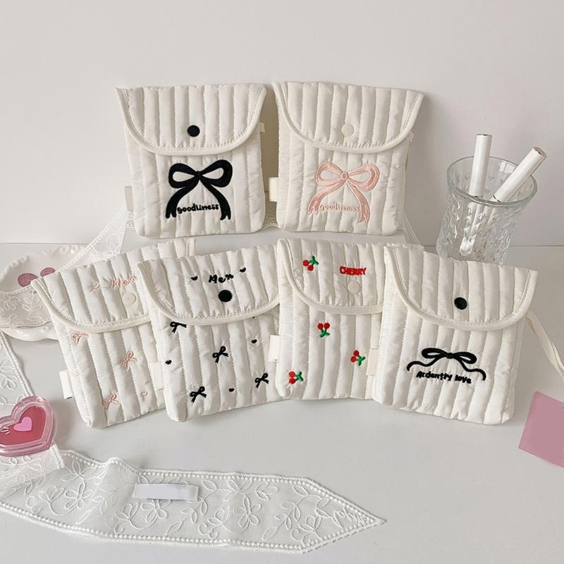 Stylish Cotton Polyester Period Essential Bag With Decorative Bows Design Compact Cosmetic Organizer For Women Girls