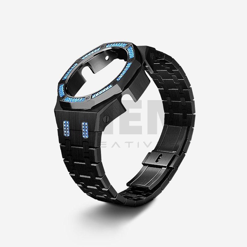 For Casio Octagonal Sport Watch GA2100/GA2110/GA-B2100 Modified Stainless Steel Metal Blue Diamond Case Strap Set Accessories