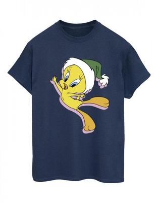 Camiseta Boyfriend de algodão com chapéu de Natal Tweety para mulheres/senhoras