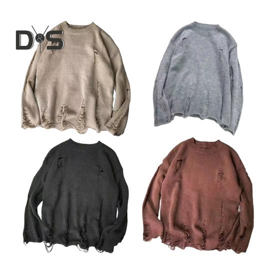 Men Fall Winter Sweater Ripped Hole Solid Color Round Neck Knitted Retro Japanese Style Mid Length Loose Long Sleeve Soft Warm Pullover Men Sweater