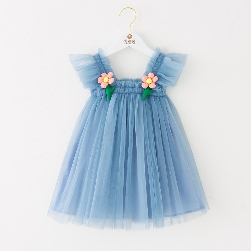 Children's New Children's Dress Three-dimensional Flower Flying Sleeve Dress Flower Child Mesh Shaggy Dress Girls Slip Dress