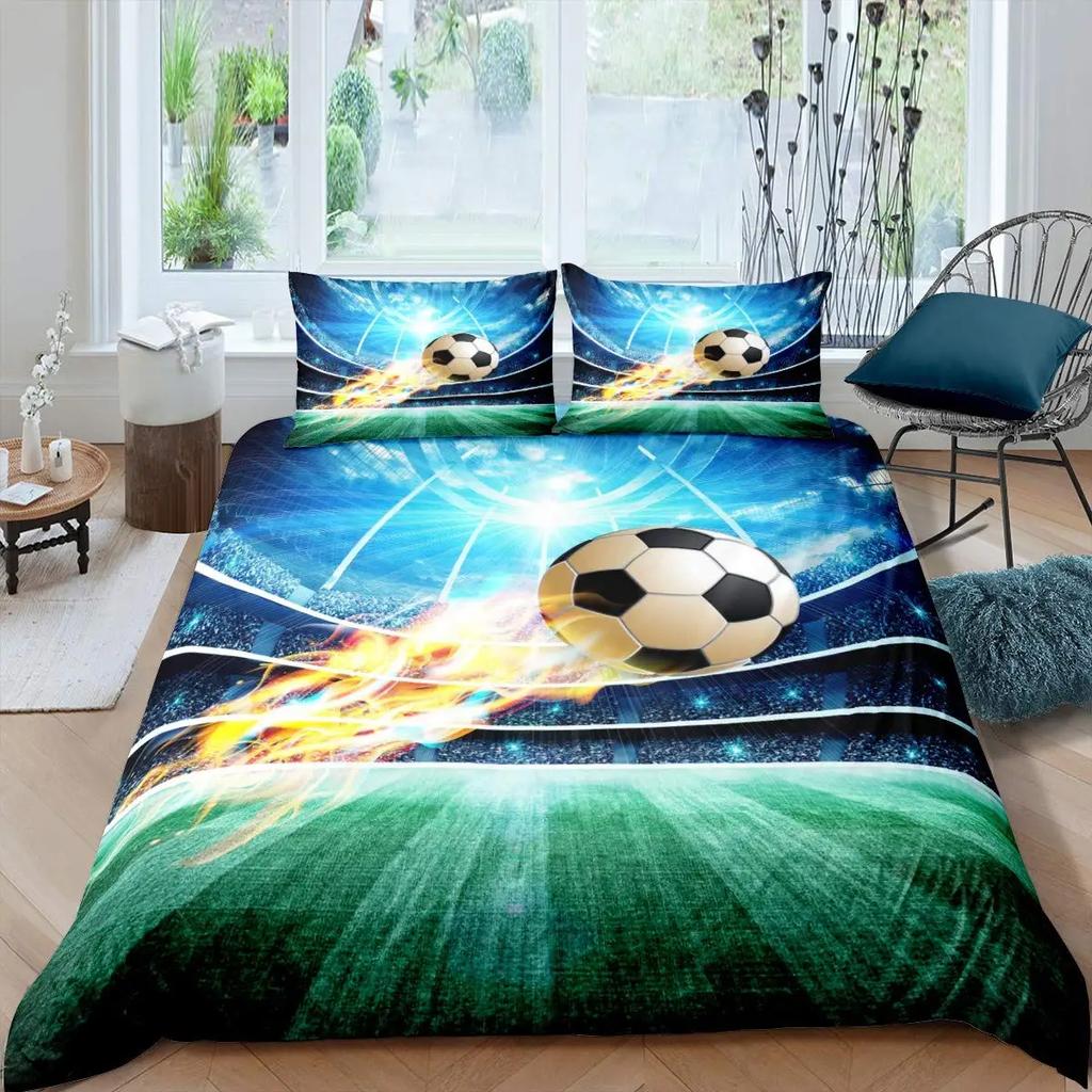 Colourful Football Soccer Duvet Cover Set King Queen Full Size Bedding Set with Pillowcases for Kids Polyester Comforter Cover