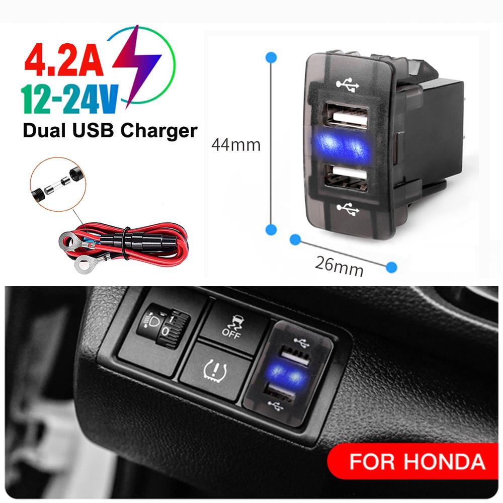 4,2A duální USB zásuvka nabíječka do auta napájecí adaptér pro telefon s LED světlem 12V 24V pro Honda CIVIC CROSSTOUR CRV ODYSSEY