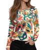Damen Modisch Lässig Hals Langarm Saum Schlitz Karneval Print T-Shirt Top