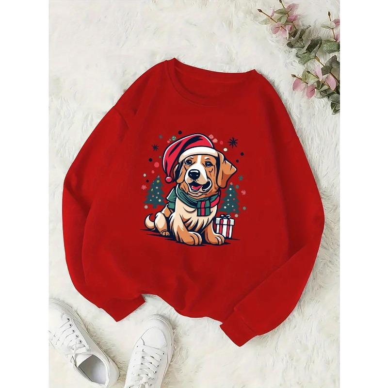 Puppy with Santa Hat Girls' Round Neck Sweatshirt
