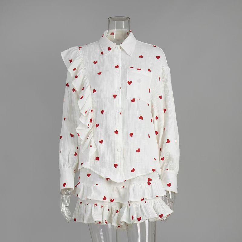 

Fashion Style Fashion Ruffles Print Shirt Shorts Suit Printed Shirt and Shorts Set Heart Print M