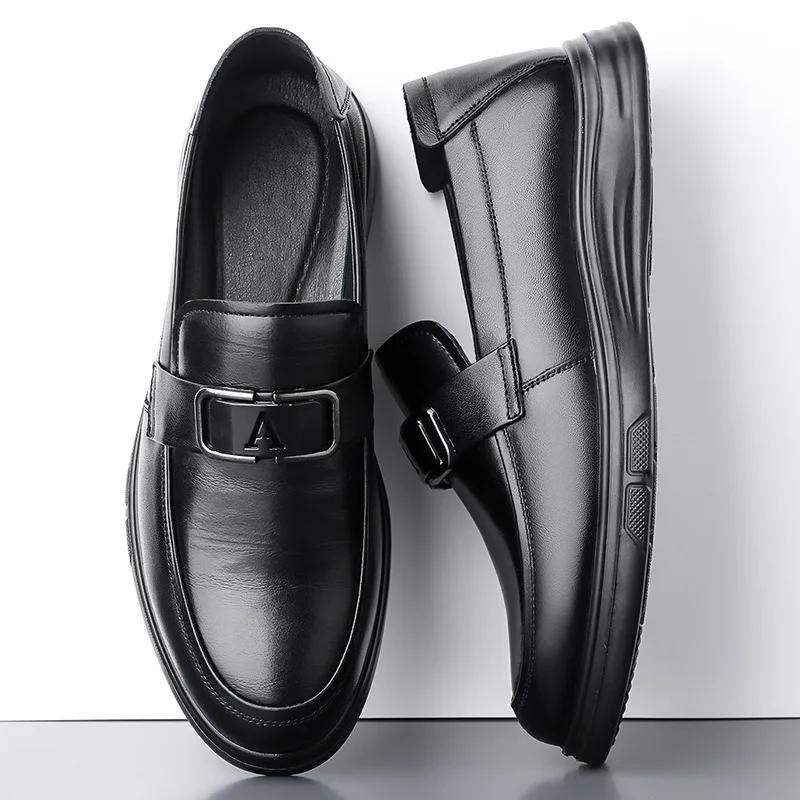 British Cowhide Casual Loafers for Men Spring Autumn Soft-soled Business Men's Dress Shoes Fashion Black Leather Shoes Male
