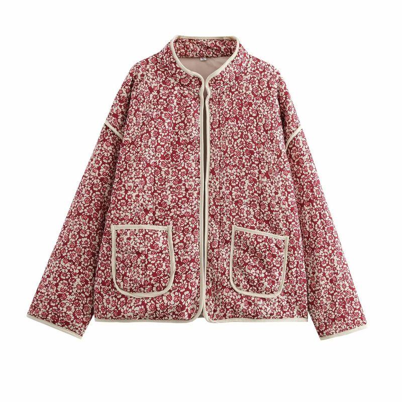 

Kaslead New Arrival Women s Clothing Fashion Style Retro Loose Print Stand Collar Quilting Cotton-Padded Coat Outwear Picture Color L