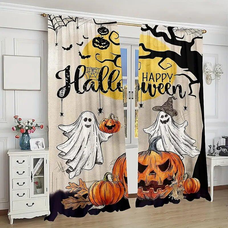 Halloween Ghost Pumpkin Spider Web Pattern Printed Curtains, Window Decorations, Home Decorations, Room Decorations