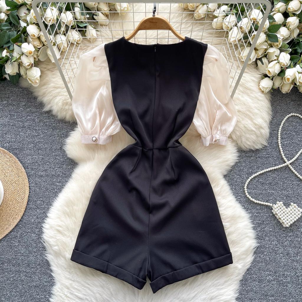 Summer Women's V-neck Puff Sleeve Short Jumpsuit High Street Y2K Office Work Rompers Playsuits
