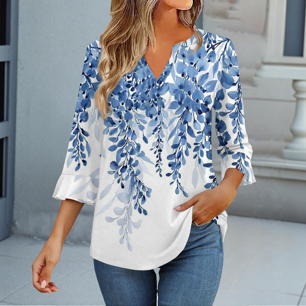 3/4-ermetopper for kvinner T-skjorte Casual Trompetermer Trykk Tunika V-hals Pullover Bluse