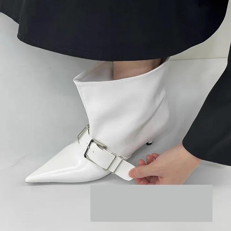 Pointed Toe Metal Buckle Strap Short Boots for Female Women Thin High Heel 2024 New Leather Fabric Elegant Sexy Winter Shoes