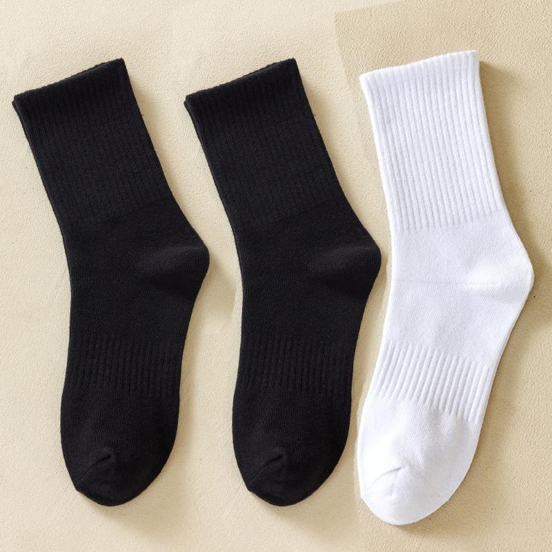 Soild Cotton Sports Socks Mid Calf Black White Stockings Soft Breathable Athletic Socks Soft Comfortable Solid Hosiery