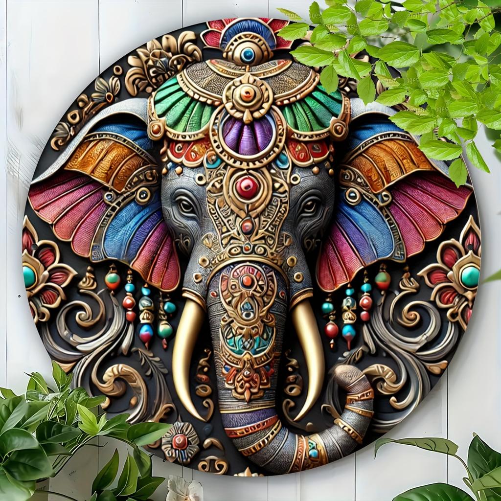 Vintage Indian Elephant Metal Round Tin Sign - Unique Wall Hanging Decor for Living Room, Home, Garden